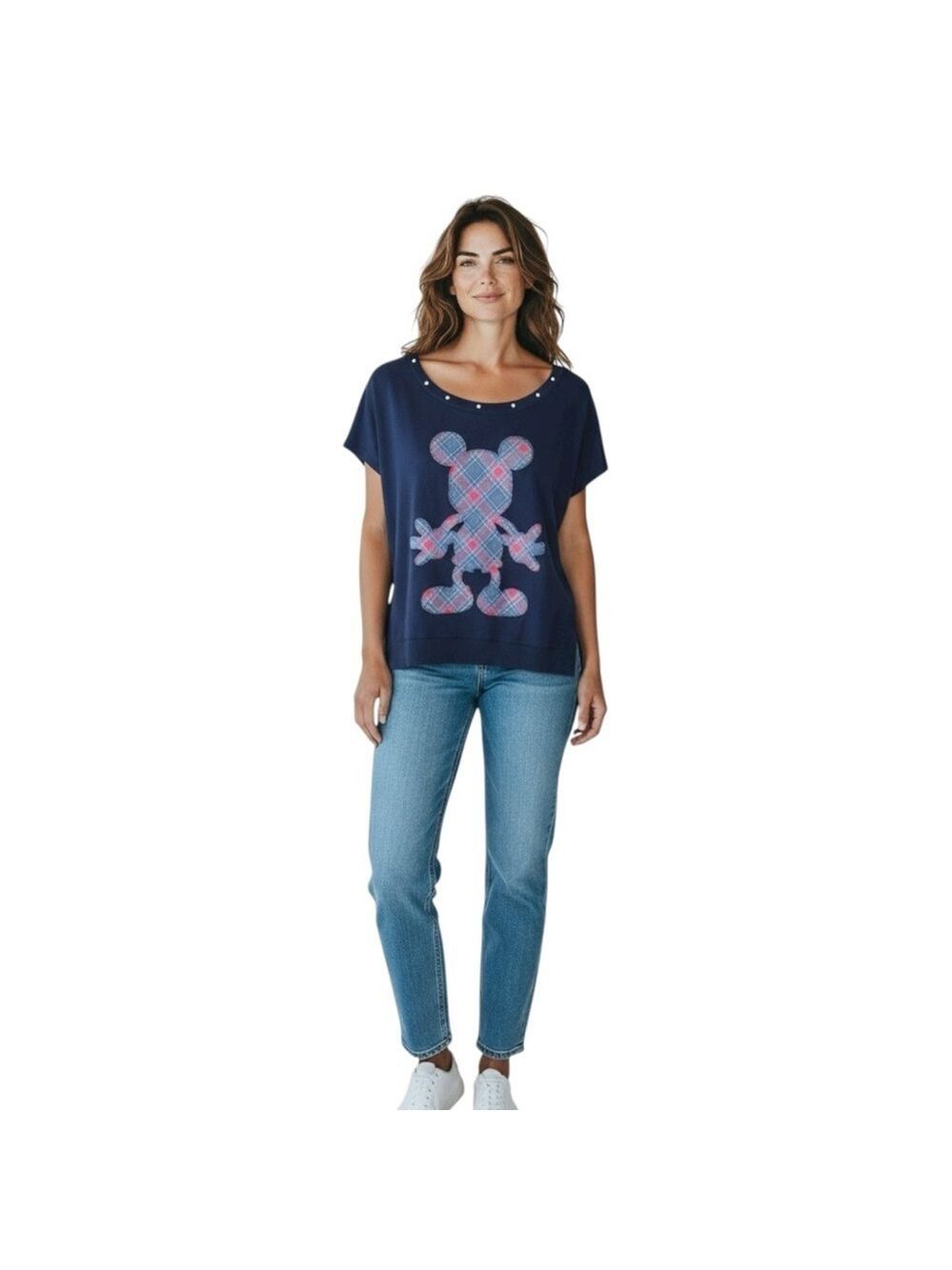 Disney Plaid Mickey Navy Blue Tee Women’s Size S Studded